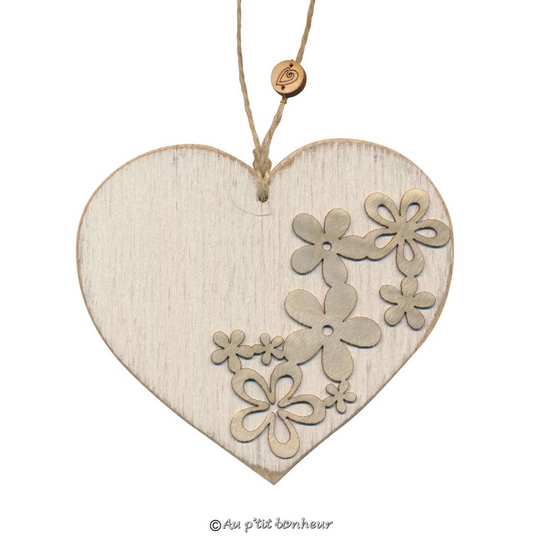 Coeur en bois déco fleurs bois de placage gris fabrication artisanale française Au p'tit Bonheur Alsace Nothalten Muriel Schumacher
