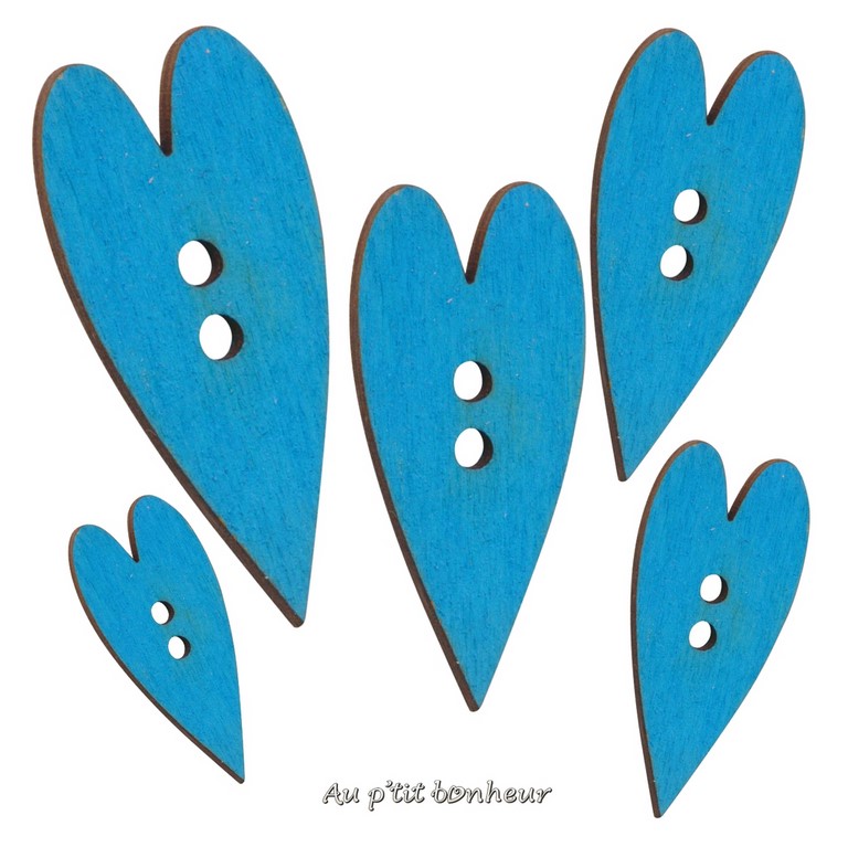 Bouton coeur bois bleu turquoise fabrication artisanale en France par Au p'tit Bonheur Nothalten