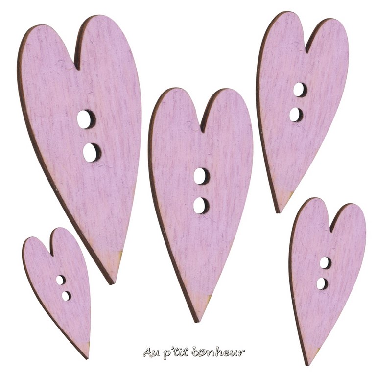 Bouton coeur bois rose lilas fabrication artisanale en France par Au p'tit Bonheur Nothalten