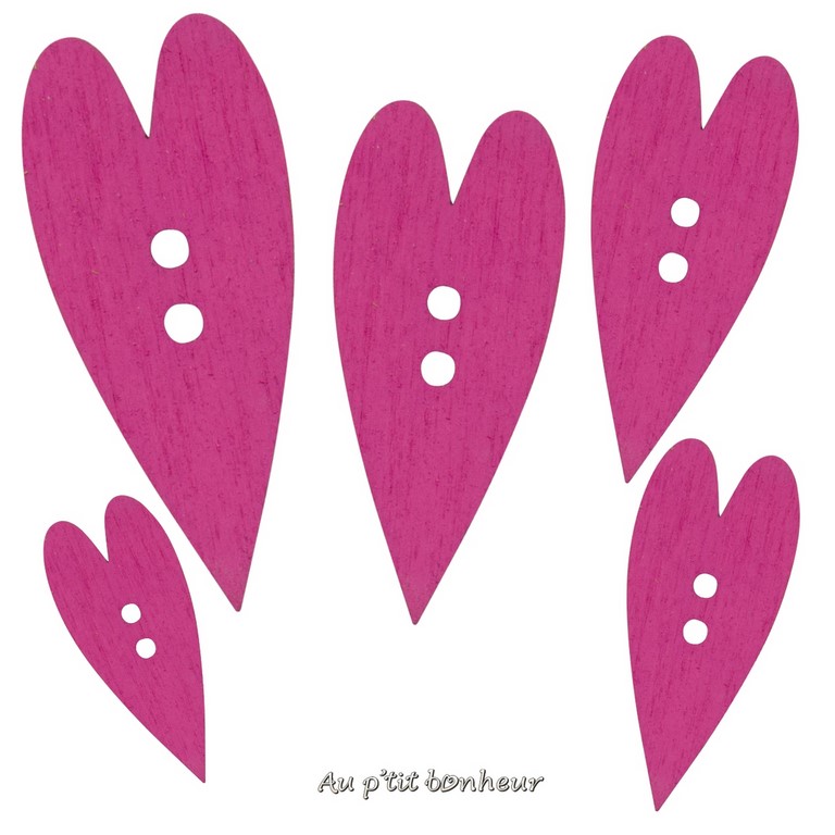 Bouton coeur bois rose magenta fabrication artisanale en France par Au p'tit Bonheur Nothalten