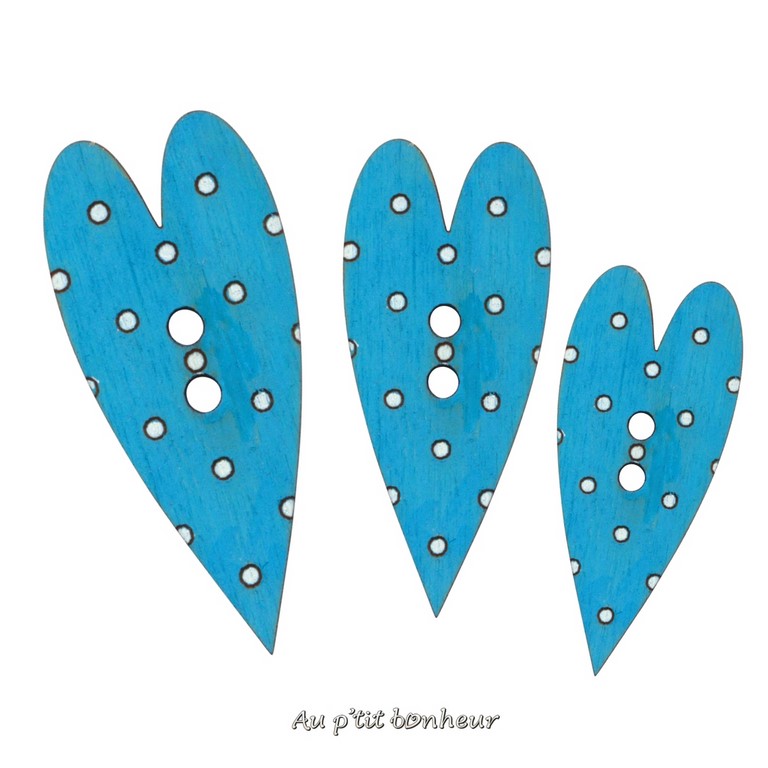 Bouton coeur bois  bleu turquoise fabrication artisanale en France par Au p'tit Bonheur Nothalten