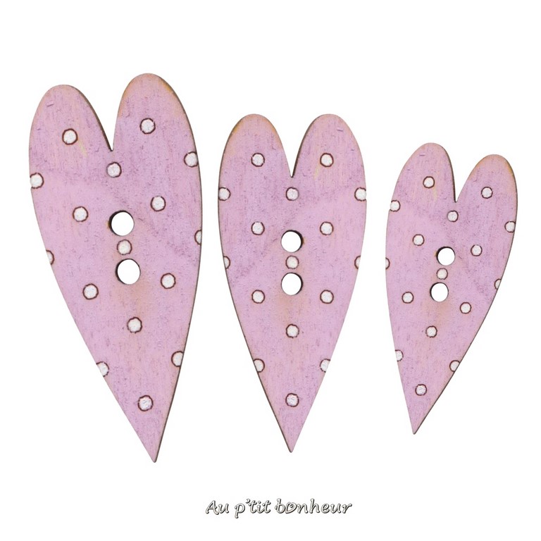 Bouton coeur bois rose lilas fabrication artisanale en France par Au p'tit Bonheur Nothalten