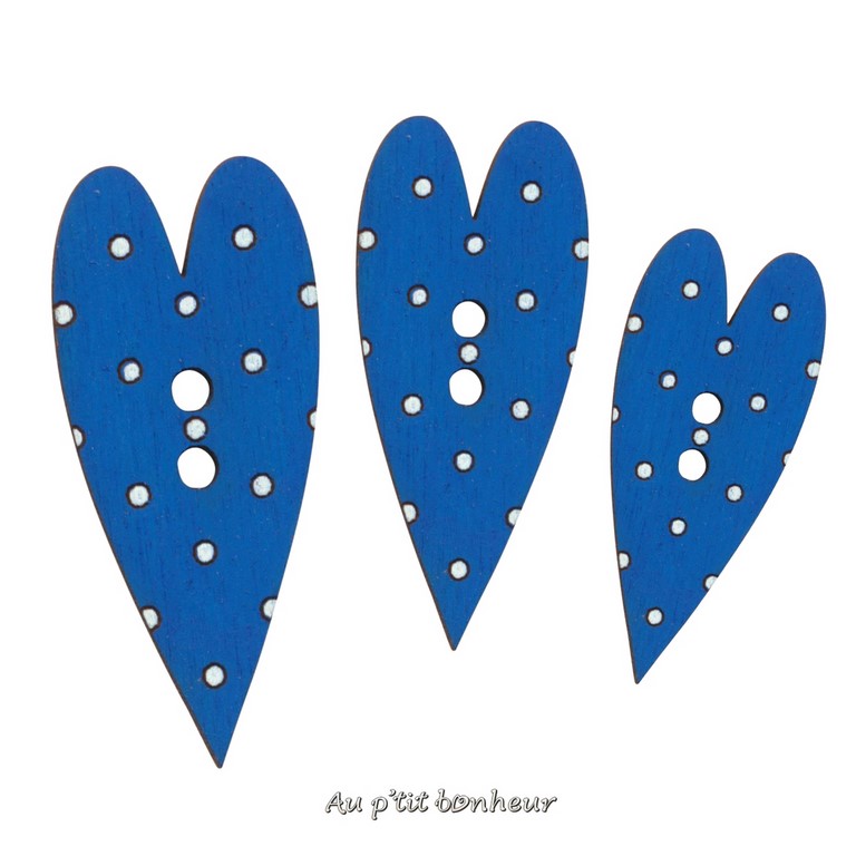 Bouton coeur bois bleu foncé pois fabrication artisanale en France par Au p'tit Bonheur Nothalten