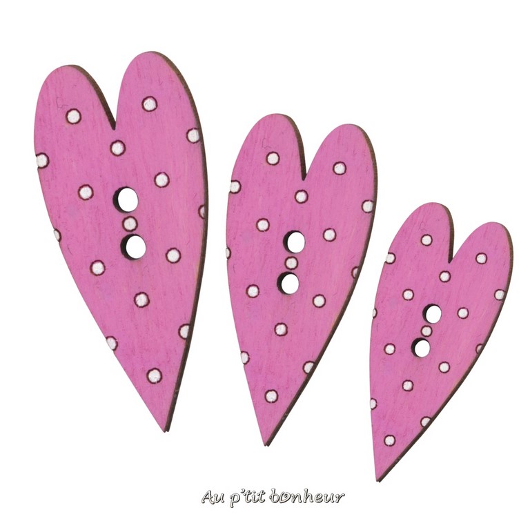 Bouton coeur bois rose fushia pois fabrication artisanale en France par Au p'tit Bonheur Nothalten