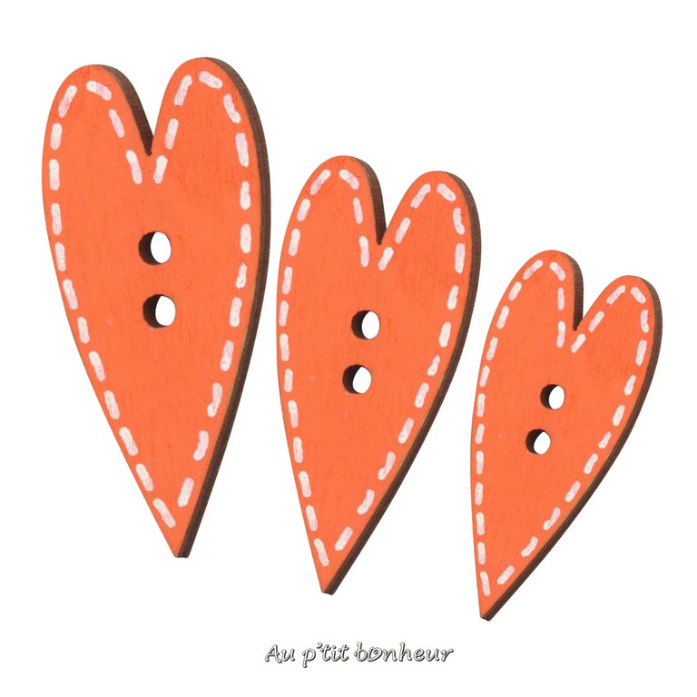 Bouton coeur bois orange fabrication artisanale en France par Au p'tit Bonheur Nothalten