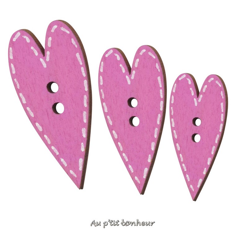 Bouton coeur bois rose fushia fabrication artisanale en France par Au p'tit Bonheur Nothalten