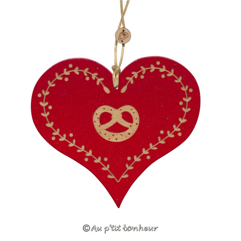 décoration de Noel coeur bretzel rouge bois SU370 coeur bois alsace bretzel rouge