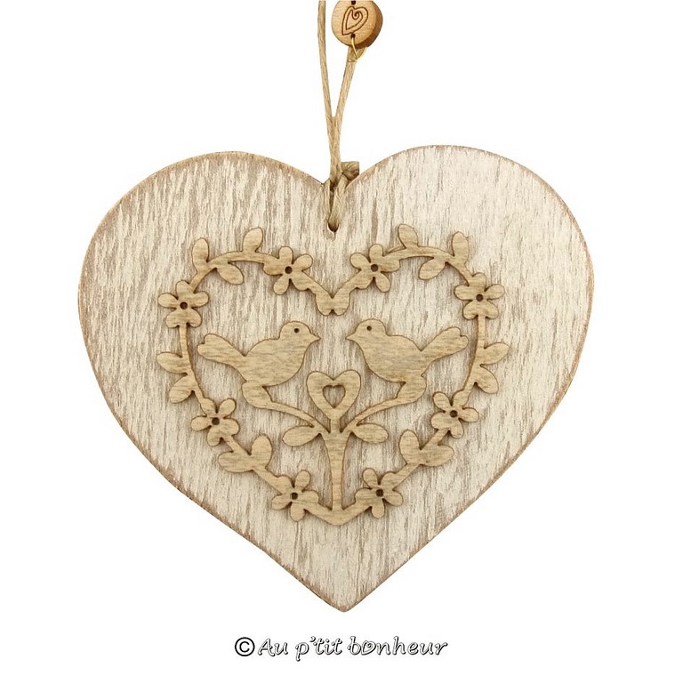 décoration suspension coeur bois blanc motif oiseaux fabrication artisanale