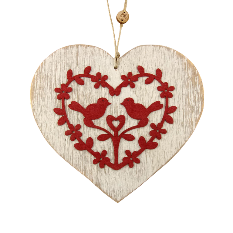 Coeur en bois déco fleurs et oiseaux bois de placage rouge fabrication artisanale française Au p'tit Bonheur Alsace Nothalten Muriel Schumacher