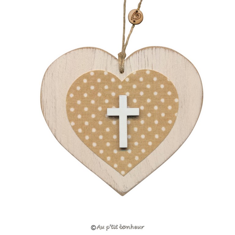 coeur bois blanc vieilli avec croix