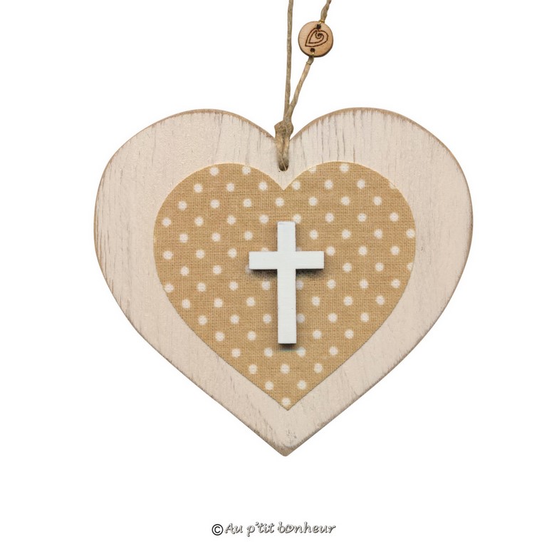 coeur bois blanc vieilli avec croix
