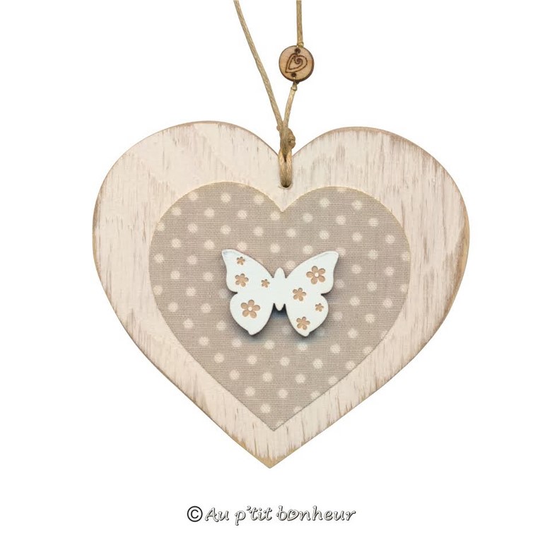 Coeur bois tissu gris papillon blanc