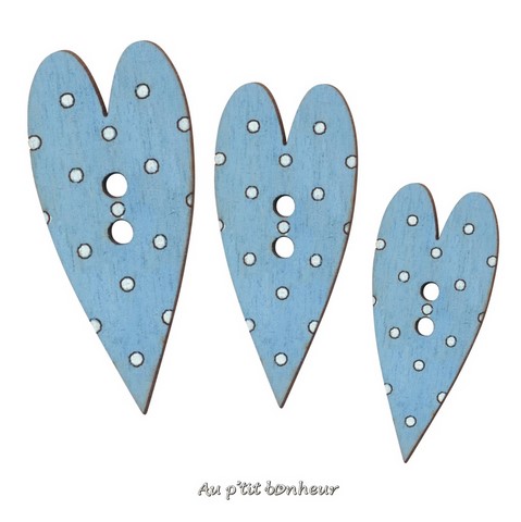 Bouton coeur bois bleu ciel fabrication artisanale en France par Au p'tit Bonheur Nothalten