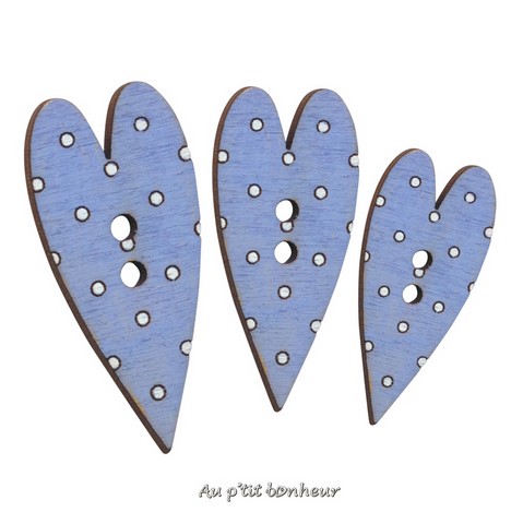 Bouton coeur bois bleu pastel pois fabrication artisanale en France par Au p'tit Bonheur Nothalten