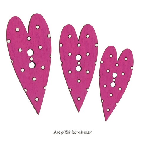 Bouton coeur bois rose magenta pois fabrication artisanale en France par Au p'tit Bonheur Nothalten