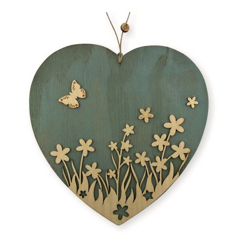 Coeur bois bleu fleurs et papillon