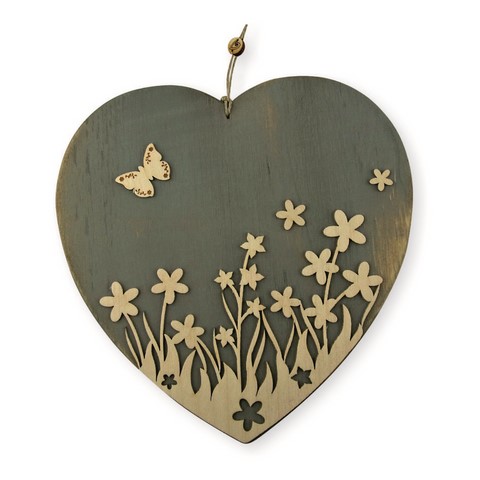 Coeur bois gris fleurs et papillon