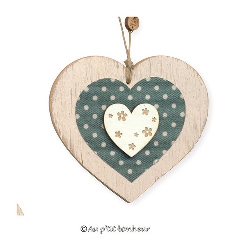 Coeur bois tissu pois émeraude création artisanale Alsace