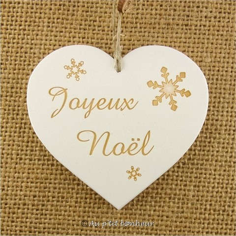 Coeur bois gravé Joyeux Noël blanc au ptit bonheur fabrication française Alsace Nothalten route du vin Muriel Schumacher