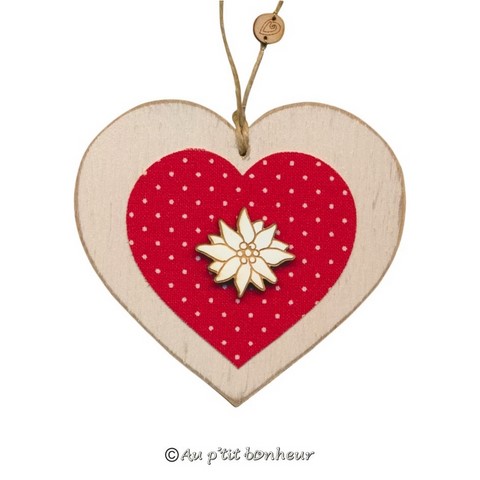 Coeur bois tissu rouge pois edelweiss blanc SUT211