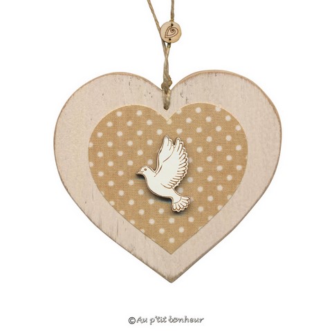 coeur bois blanc vieilli avec colombe
