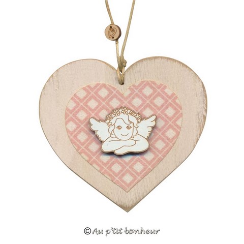 Coeur bois tissu rose avec ange